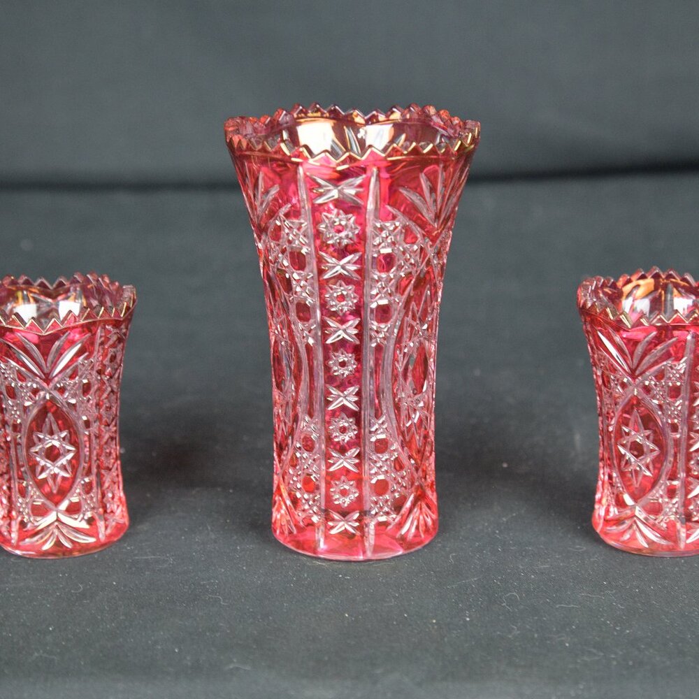 3 Cristal D'Arques Durand Cranberry Cut to Clear Vases with Sawtooth Rim